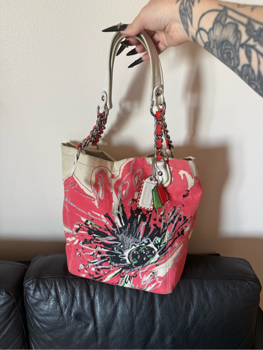 Coach Coral and Cream Floral Canvas Tote with Black Accent